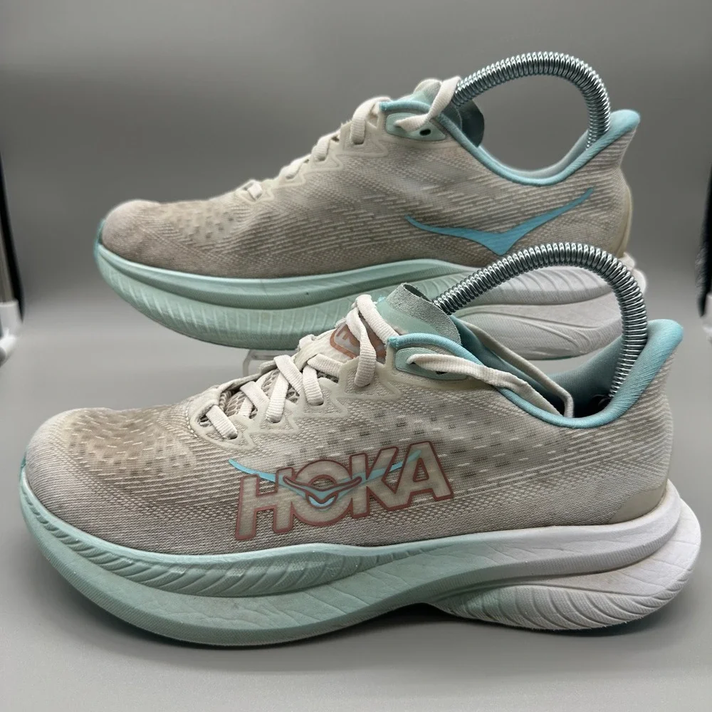 Hoka Mach 6 Running Shoes Womens 8B White Frost Gray Blue Athletic Sneakers